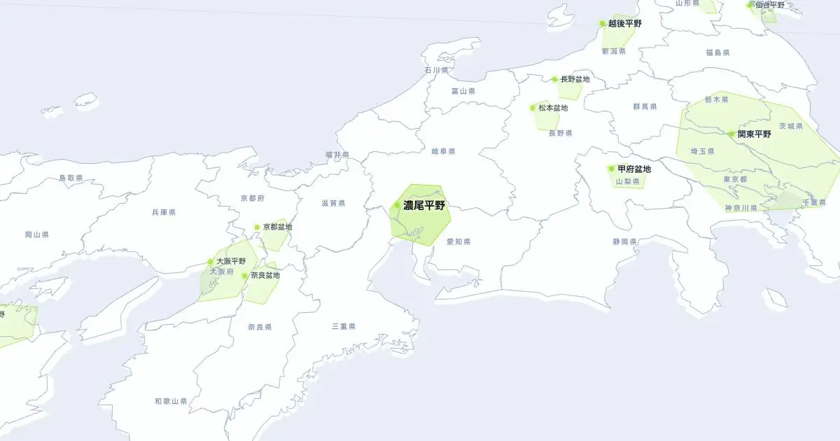 濃尾平野の位置を示す3D日本地図
