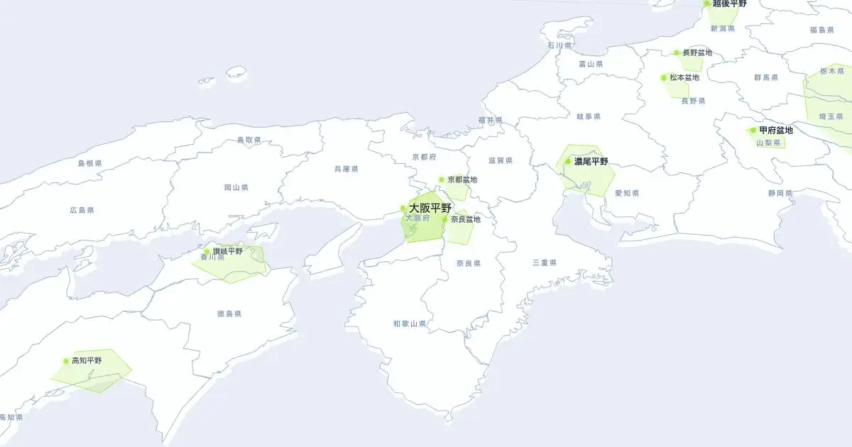 大阪平野の位置を示す3D日本地図