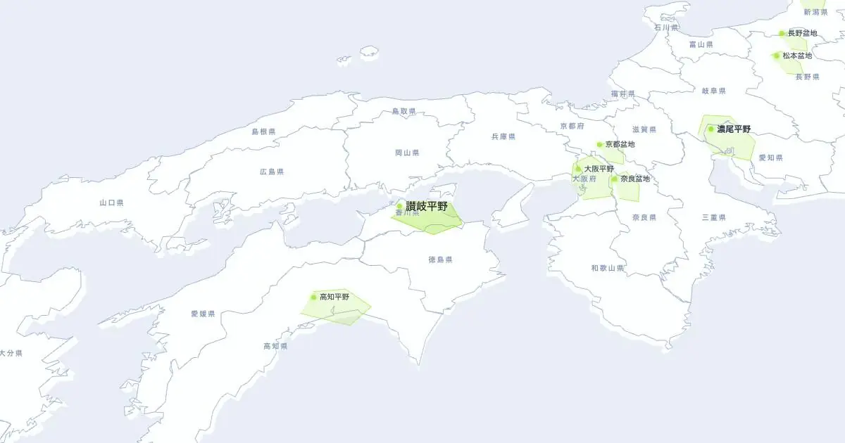 讃岐平野の位置を示す3D日本地図