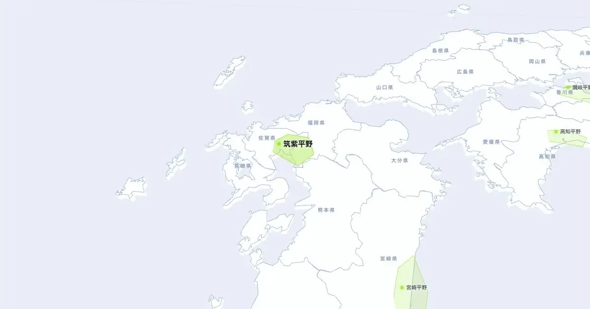 筑紫平野の位置を示す3D日本地図