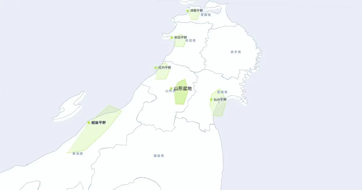 山形盆地の位置を示す3D日本地図