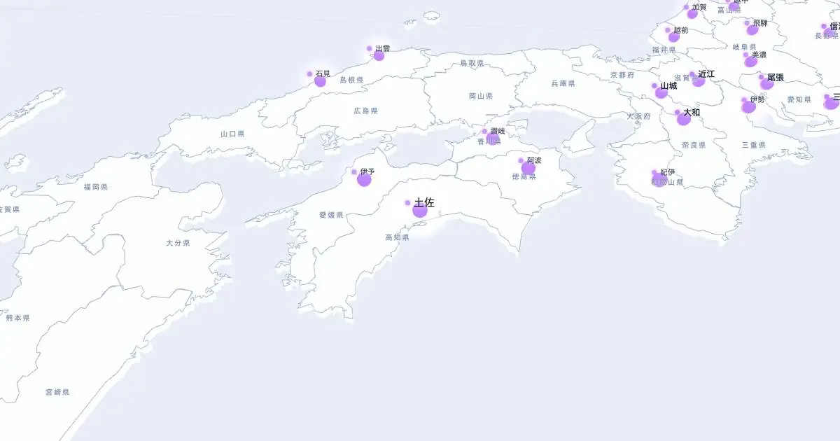 土佐の位置を示す3D日本地図