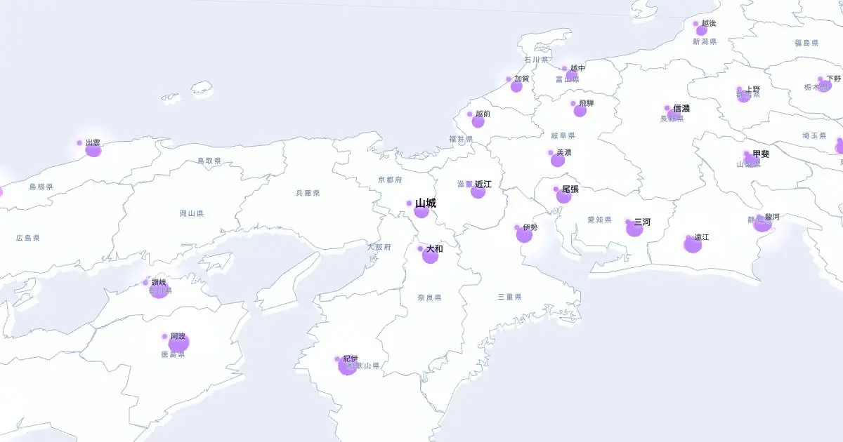 山城の位置を示す3D日本地図