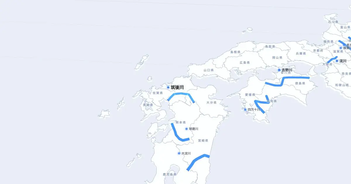 筑後川の位置を示す3D日本地図