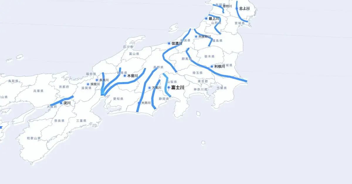 富士川の位置を示す3D日本地図