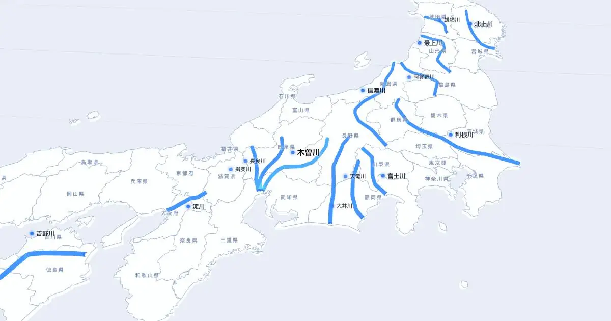 木曽川の位置を示す3D日本地図