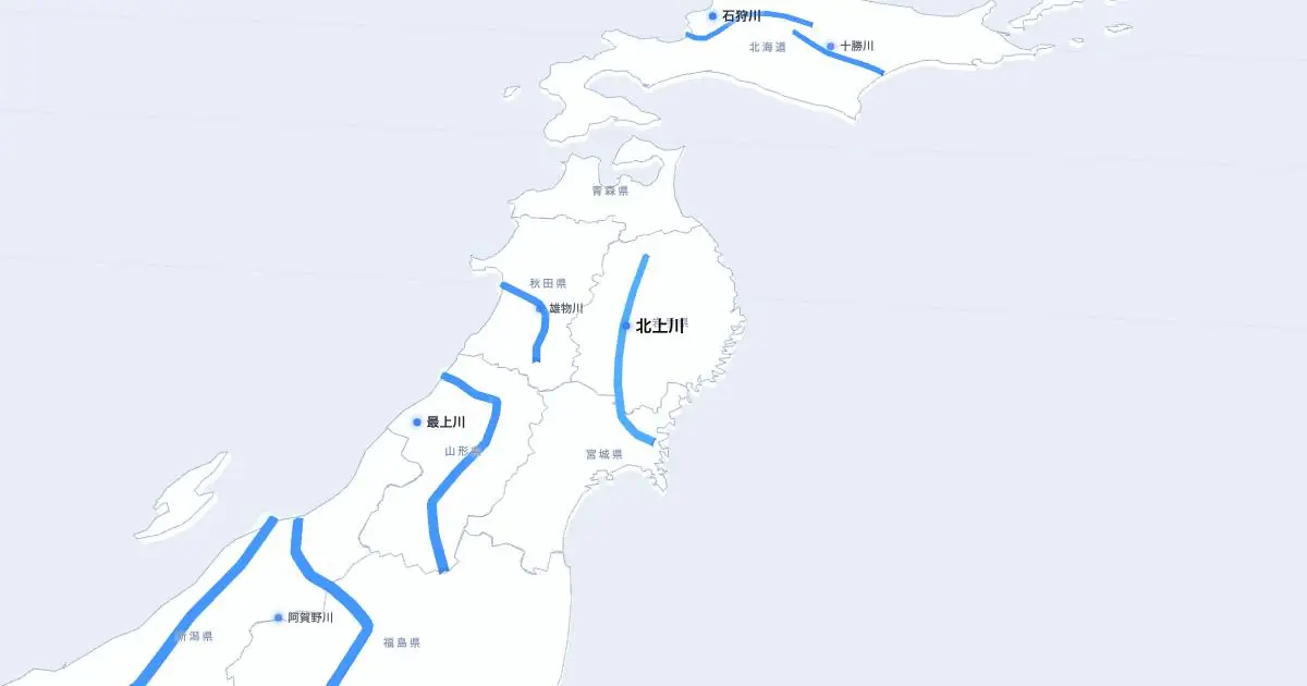 北上川の位置を示す3D日本地図