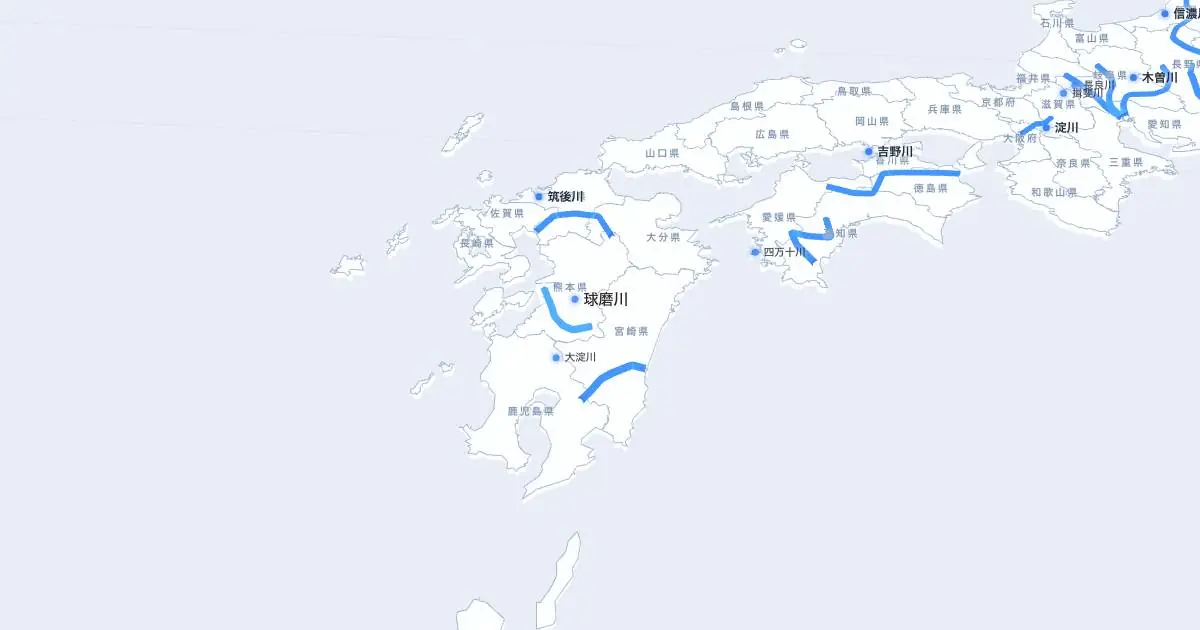 球磨川の位置を示す3D日本地図