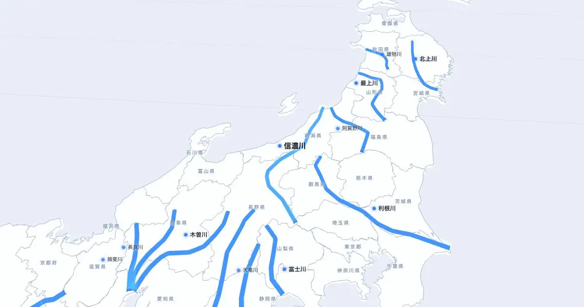 信濃川の位置を示す3D日本地図