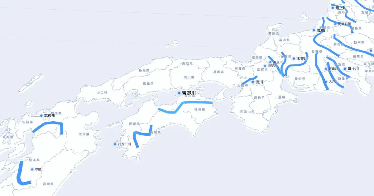 吉野川の位置を示す3D日本地図