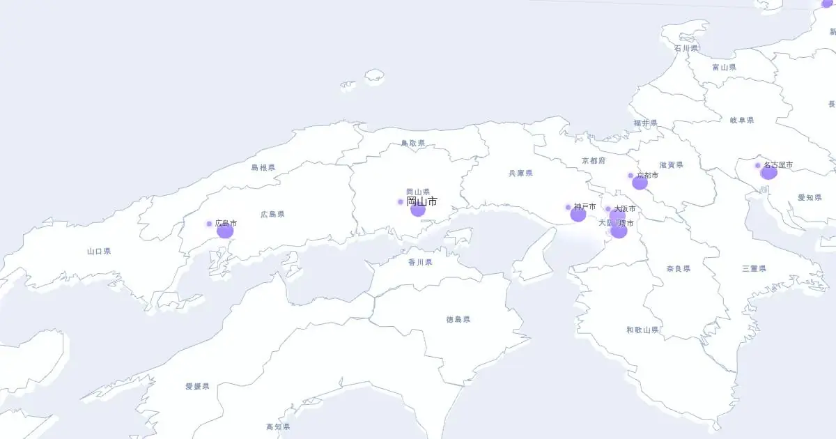 岡山市の位置を示す3D日本地図