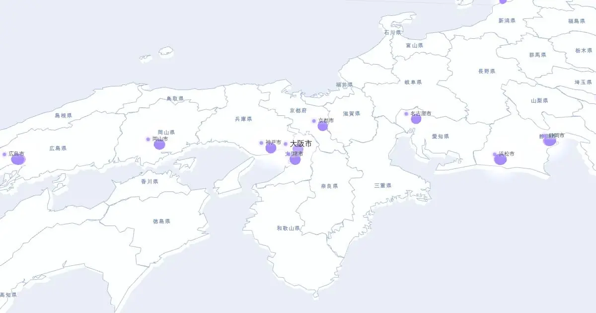大阪市の位置を示す3D日本地図