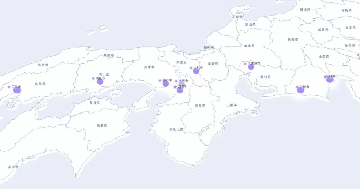 堺市の位置を示す3D日本地図