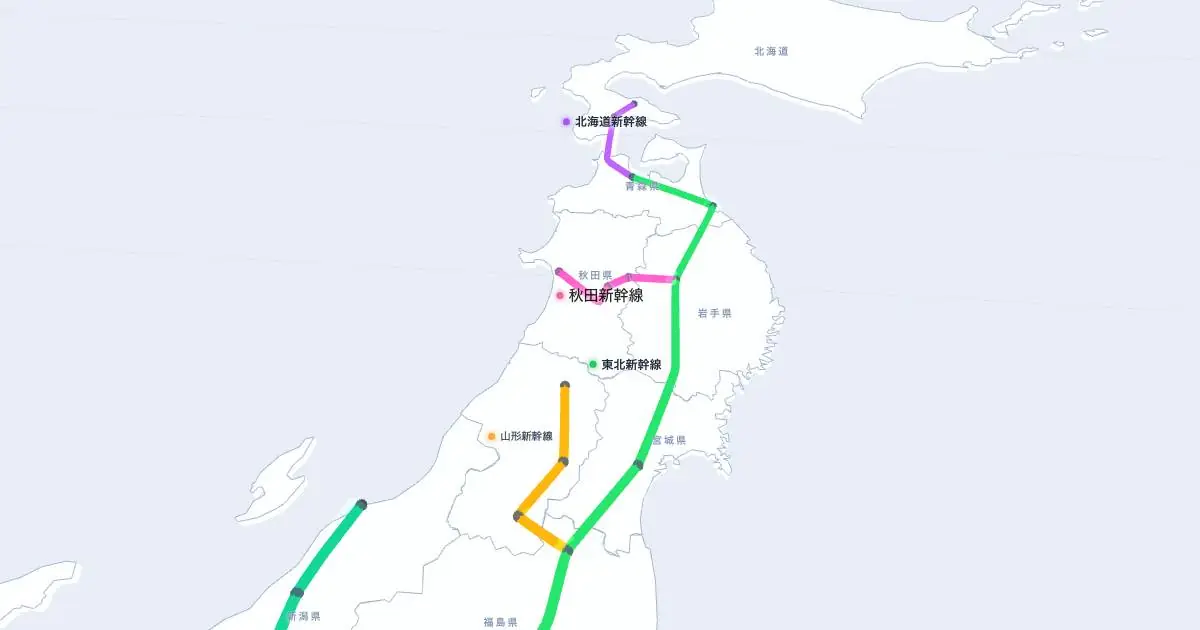 秋田新幹線の位置を示す3D日本地図