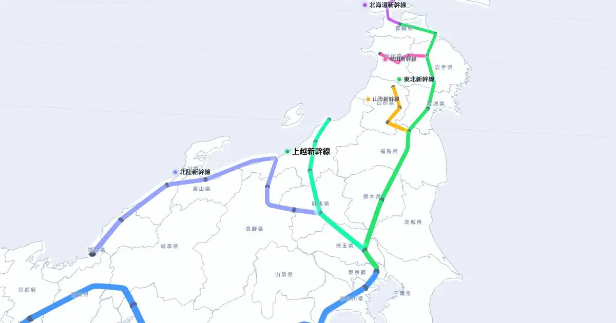 上越新幹線の位置を示す3D日本地図