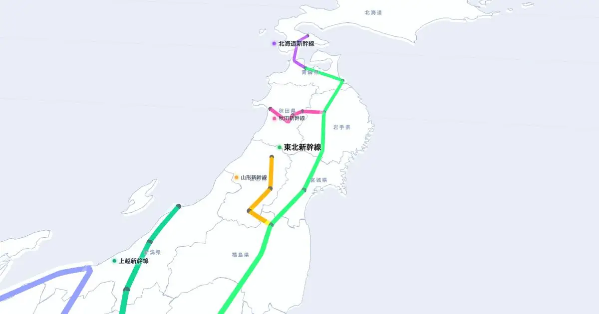 東北新幹線の位置を示す3D日本地図