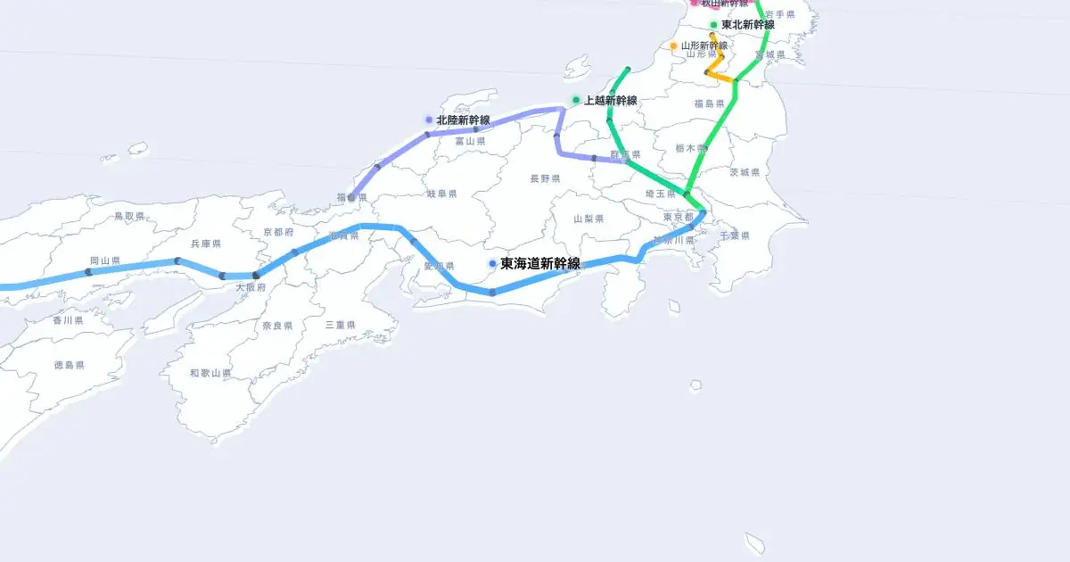 東海道新幹線の位置を示す3D日本地図