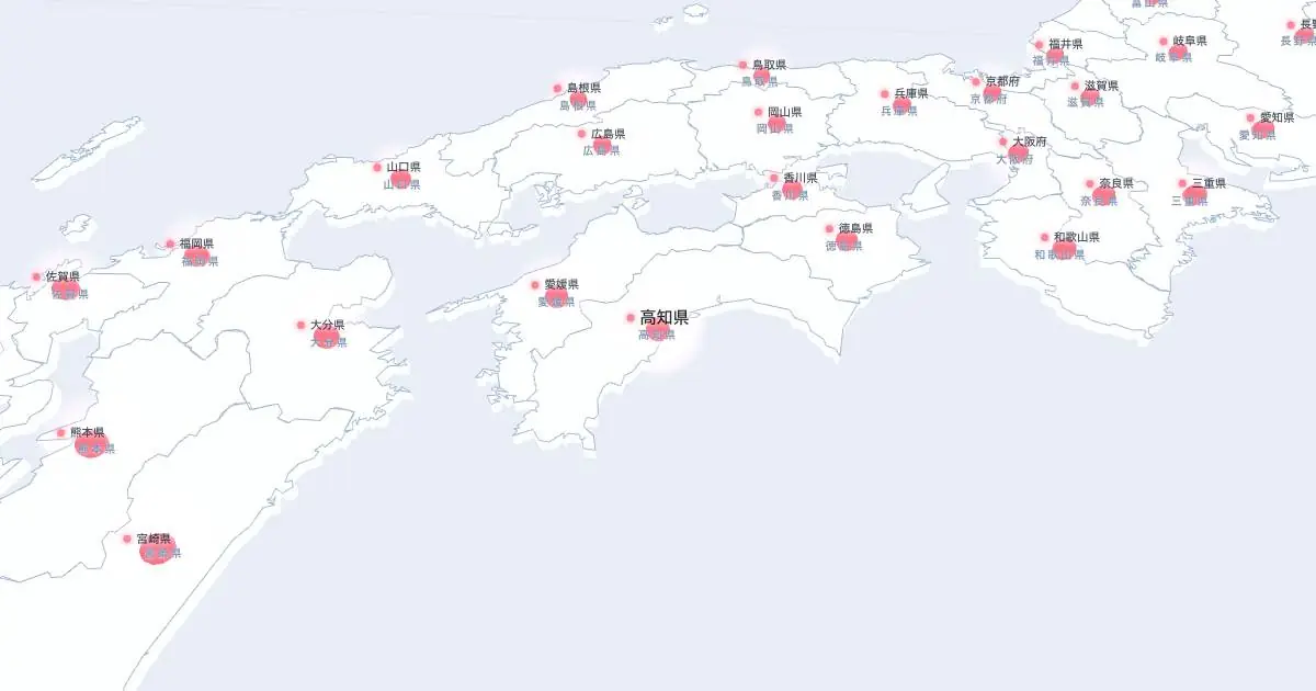 高知県の位置を示す3D日本地図