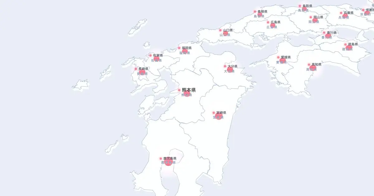 熊本県の位置を示す3D日本地図