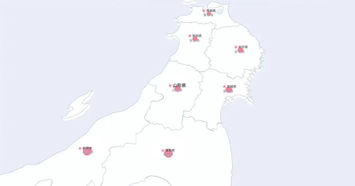 山形県の位置を示す3D日本地図