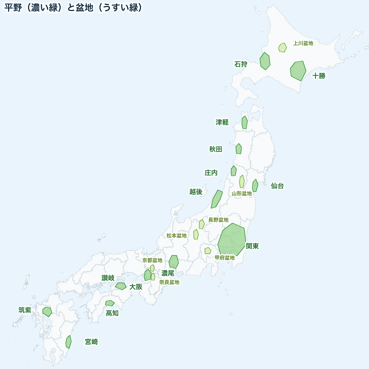日本の主な平野14と盆地7の位置を示した地図
